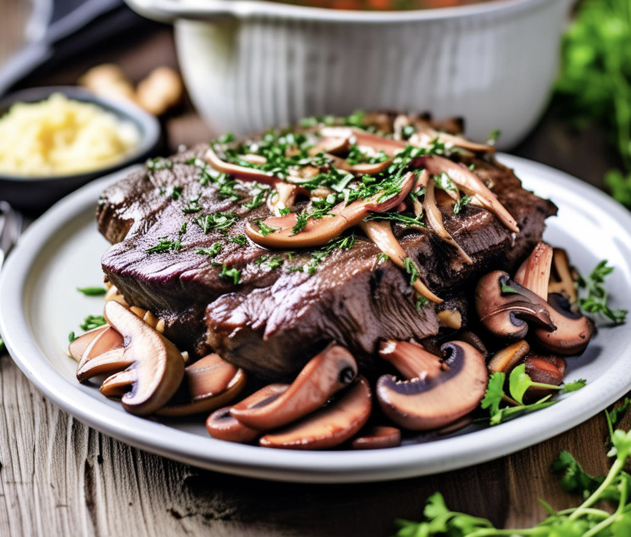 Geschmorte Rinds-Flanke in Rotwein & Pilzsauce